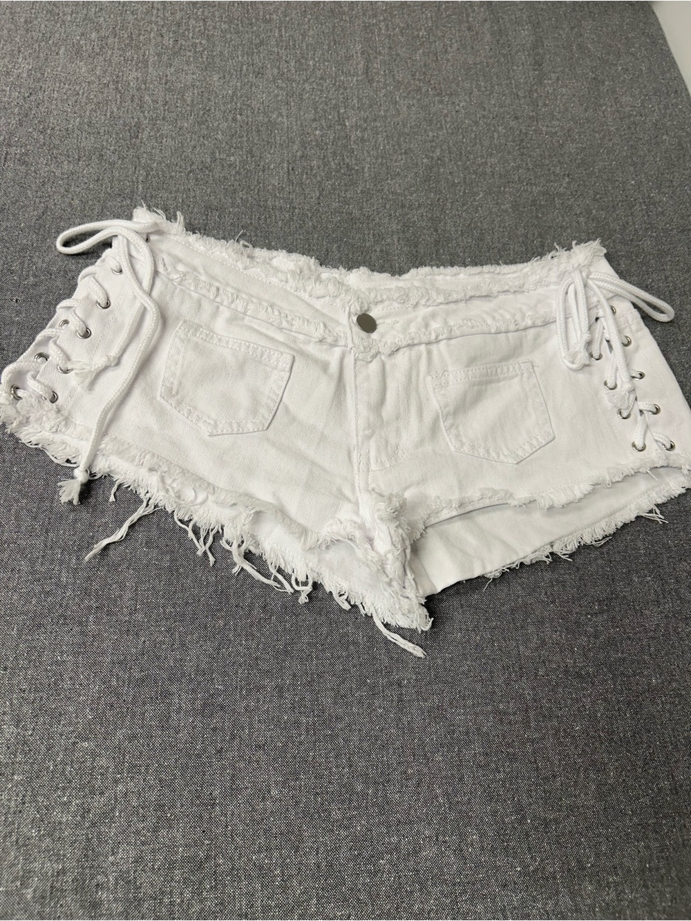 SHEIN White Distressed Lace-Up Denim Shorts